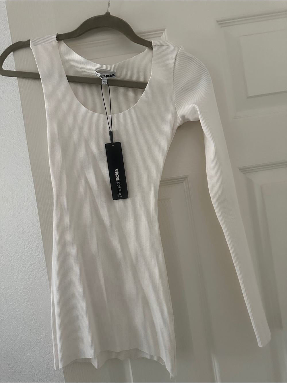 Fashion Nova Brandi Snatched White Ribbed Long Sleeve One-Shoulder Mini Dress